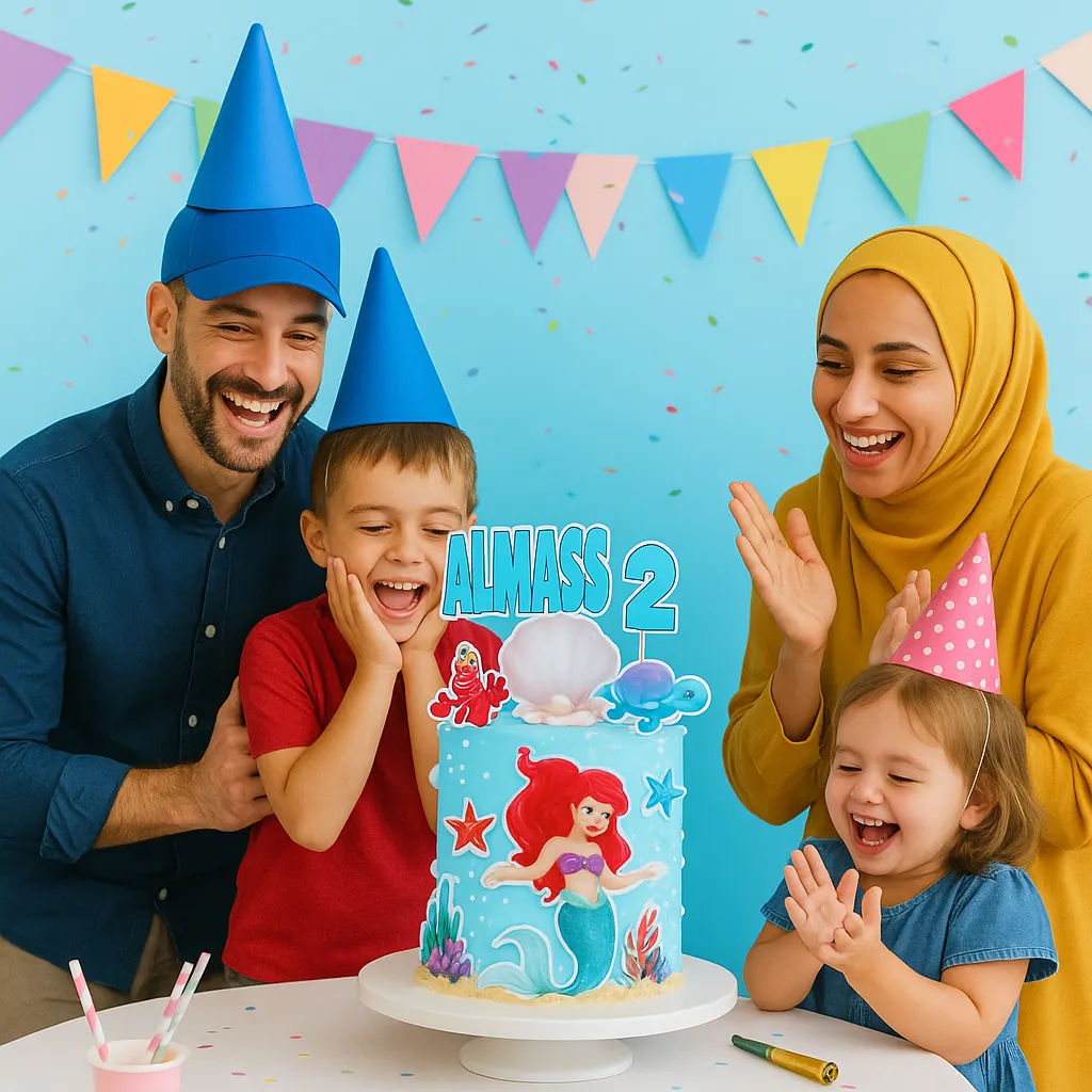 Happy Delices family enjoying a birthday cake with kids in Agadir