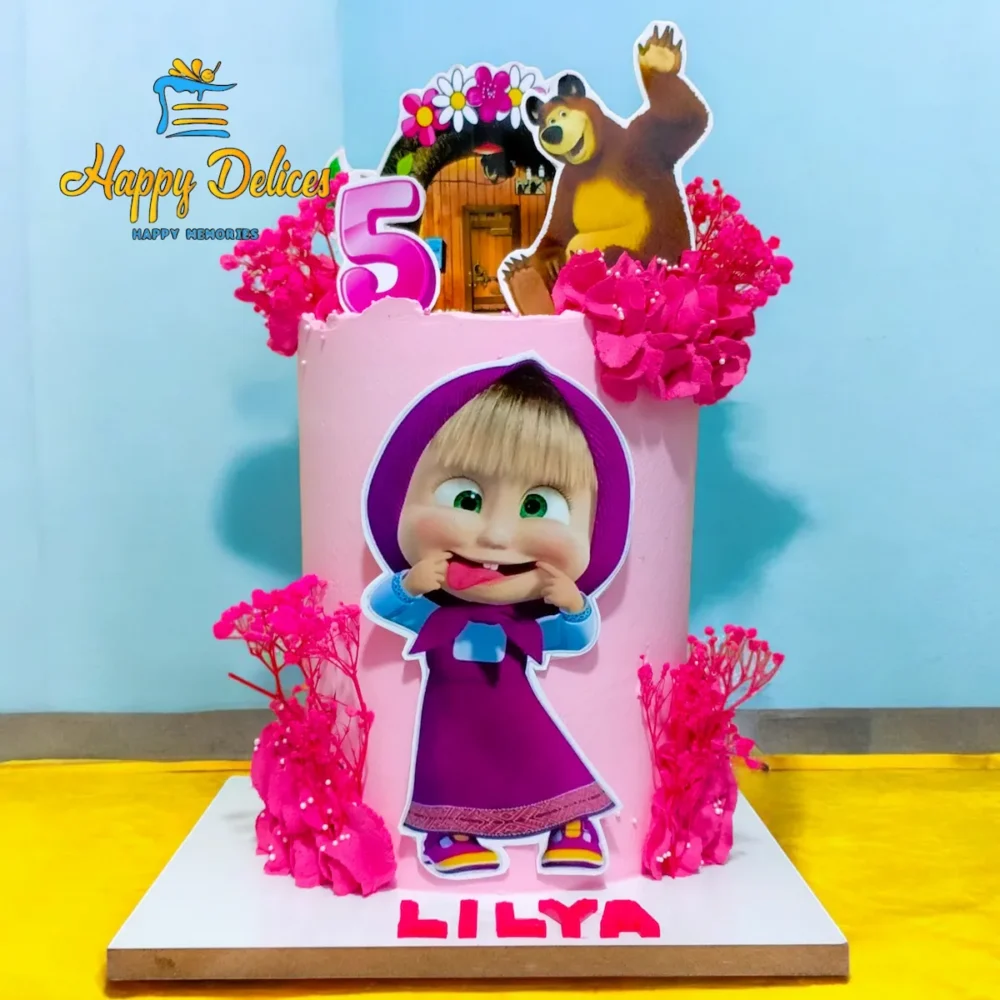 Pink birthday cake with Masha and the Bear design for girls