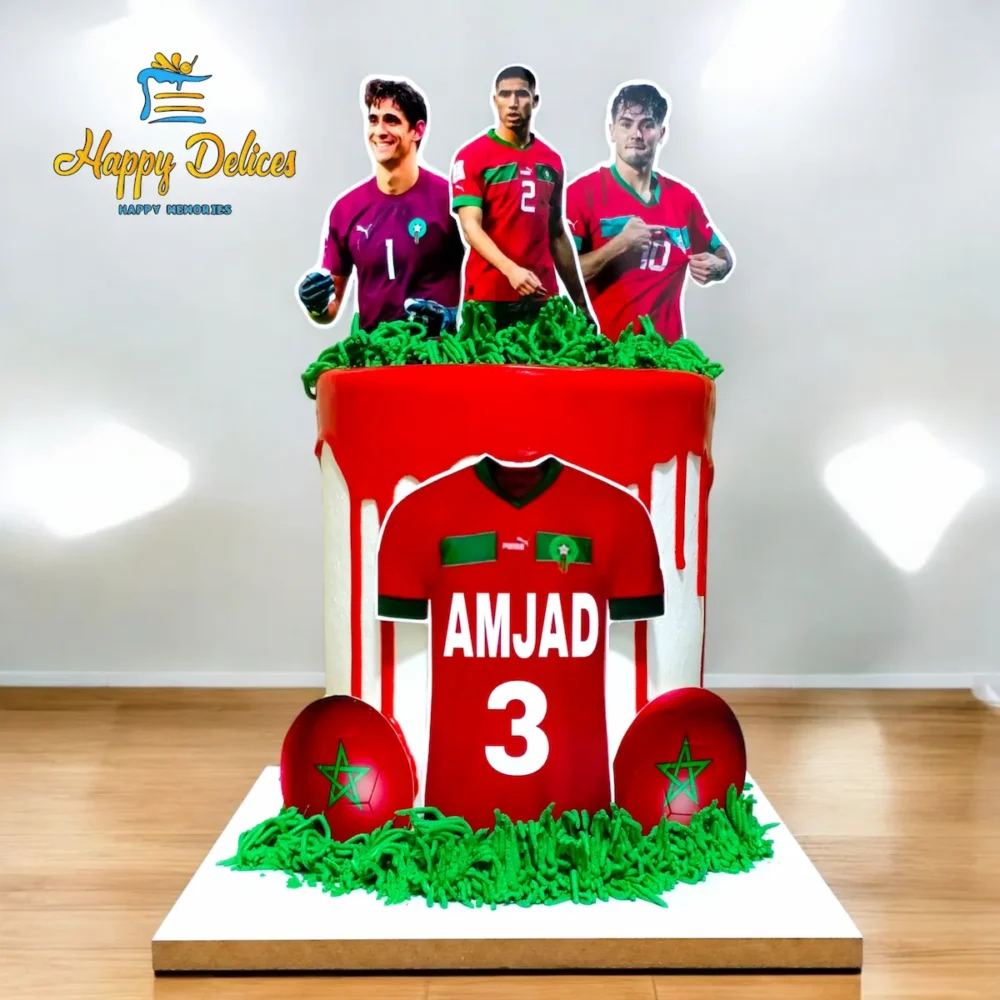 Morocco football birthday cake with red jersey, green details, and national team players