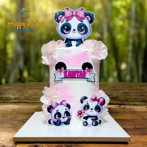 Pink panda birthday cake with flowers and cute panda characters for girls