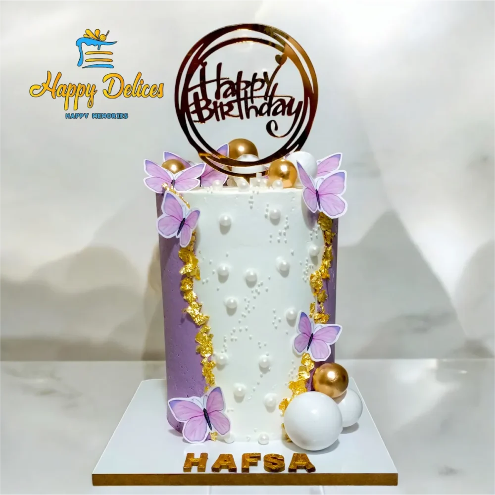 Purple and White Birthday Cake with Butterflies | Happy Délices Elegant purple and white birthday cake with golden details and butterflies