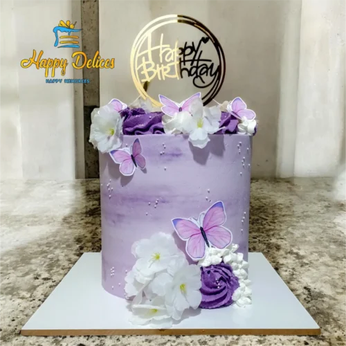 Purple birthday cake with butterflies and white flowers, elegant design