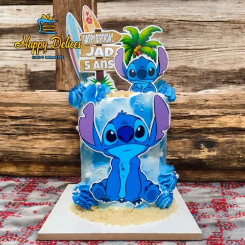 Blue Stitch birthday cake with tropical theme and ocean effect