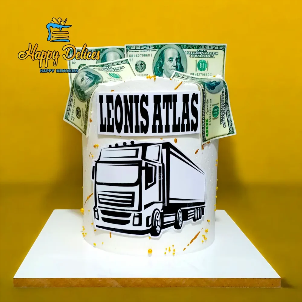 Truck-themed birthday cake with money decoration, business-inspired design