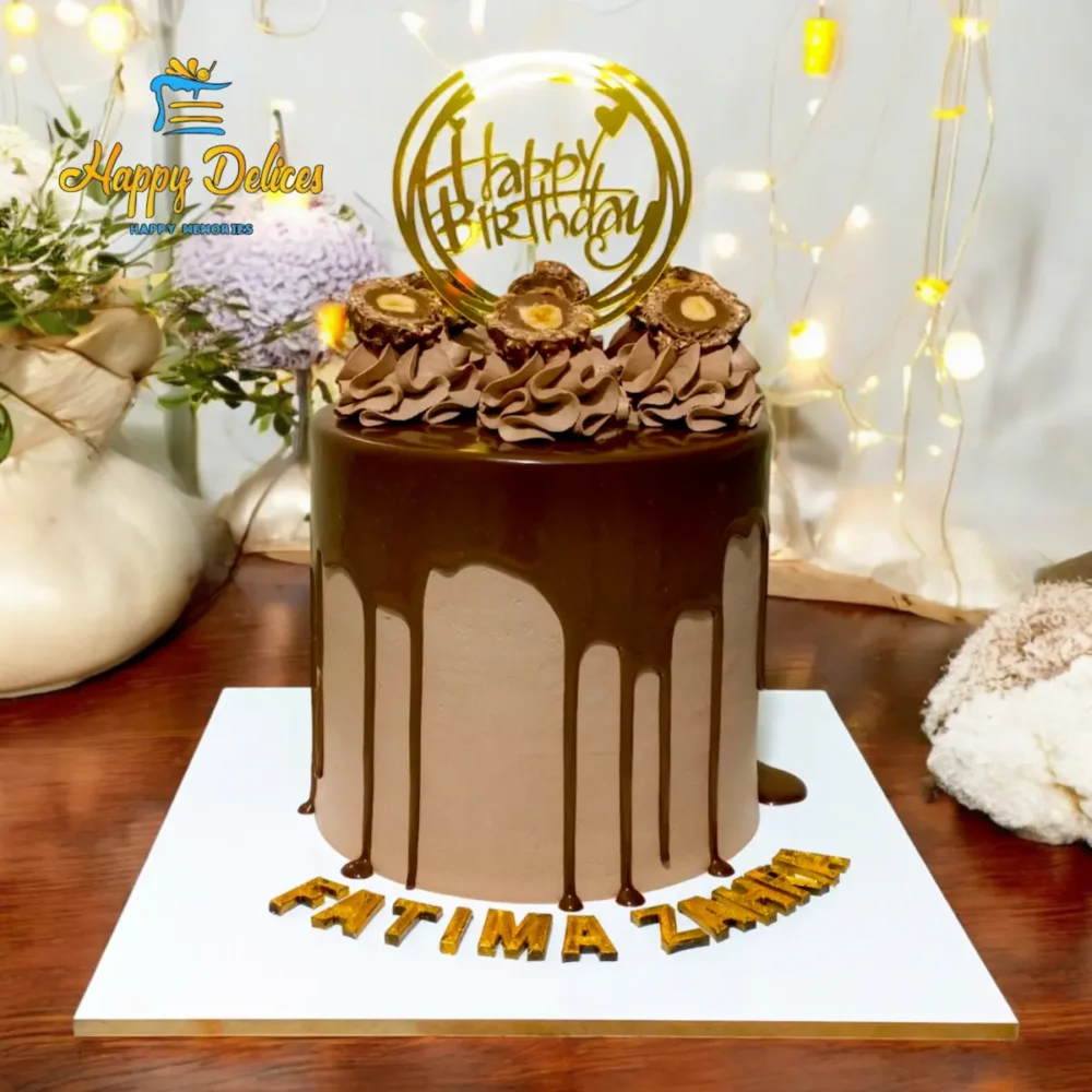 Chocolate drip birthday cake with Ferrero decoration and elegant design