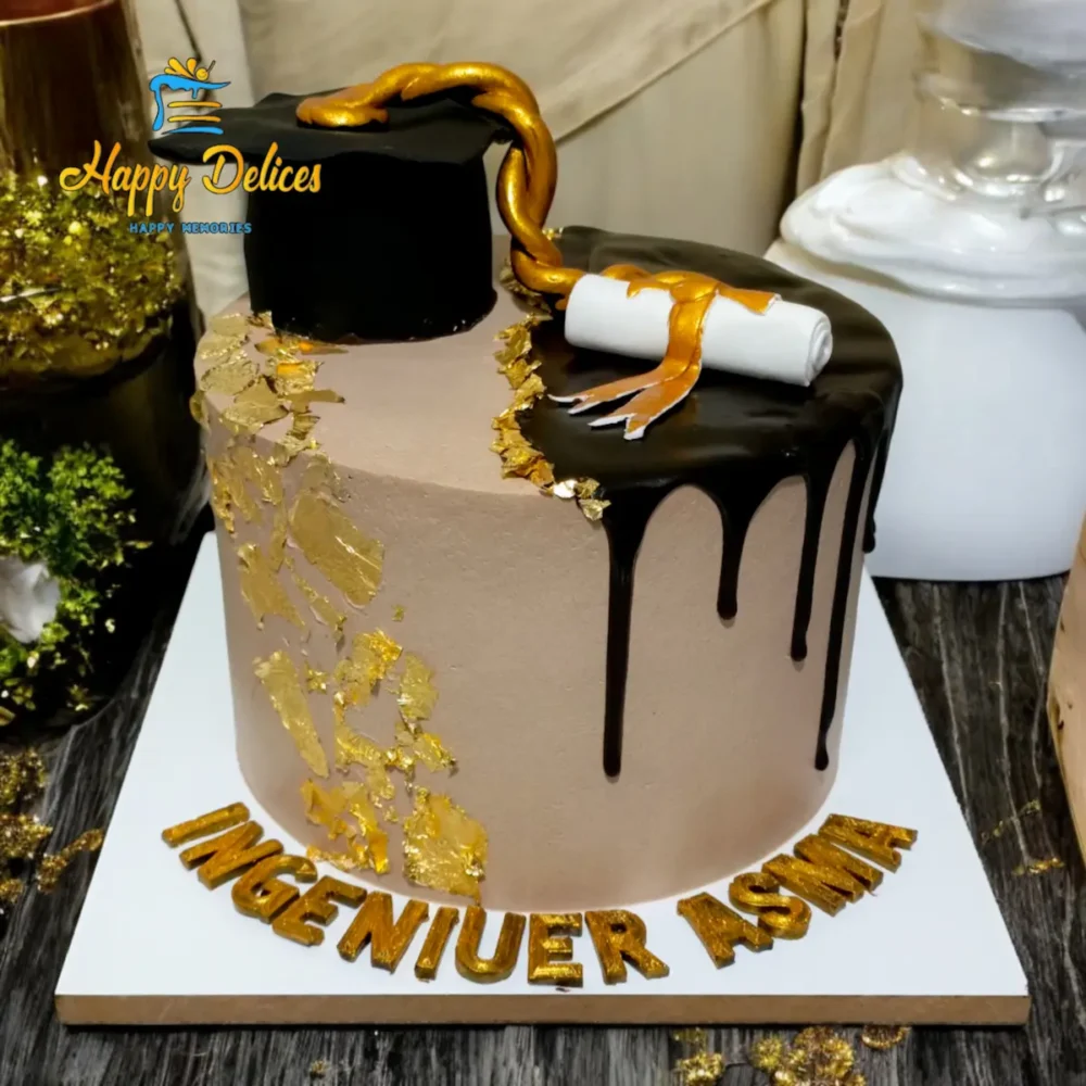 Elegant engineer graduation cake with black cap, diploma scroll, and gold accents