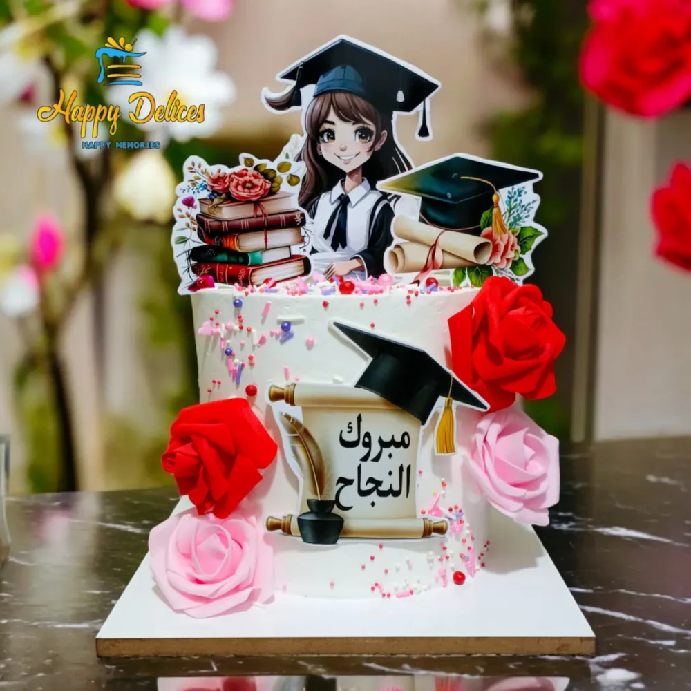 Graduation cake with anime girl topper, graduation caps, books, and flowers