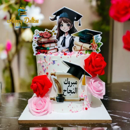 Graduation cake with anime girl topper, graduation caps, books, and flowers