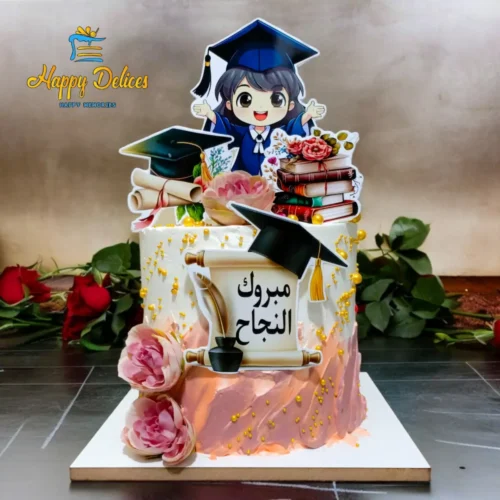 Fun kids graduation cake with Arabic message, cartoon topper, and pink-gold decorations