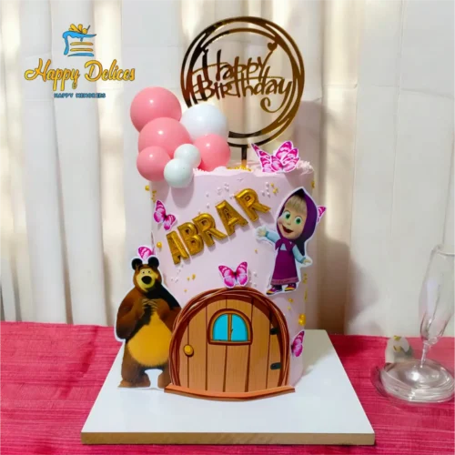 Masha and the Bear Birthday Cake | Happy Delices Pink Masha and the Bear birthday cake with balloons and butterflies by Happy Delices