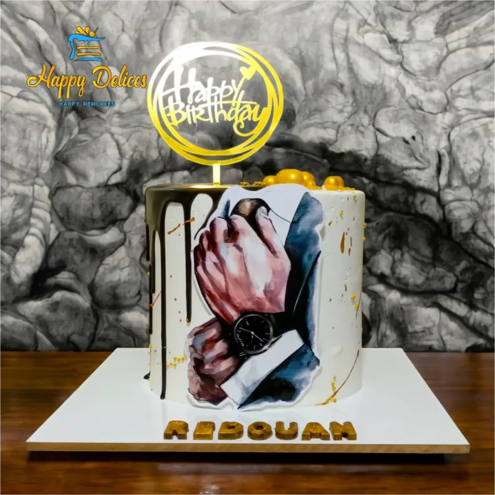 Elegant men’s birthday cake with suit illustration, gold details, and dark drip design
