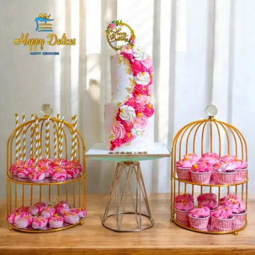 Pink and gold floral cake pack with cupcakes, magnum cakes, and cake pops