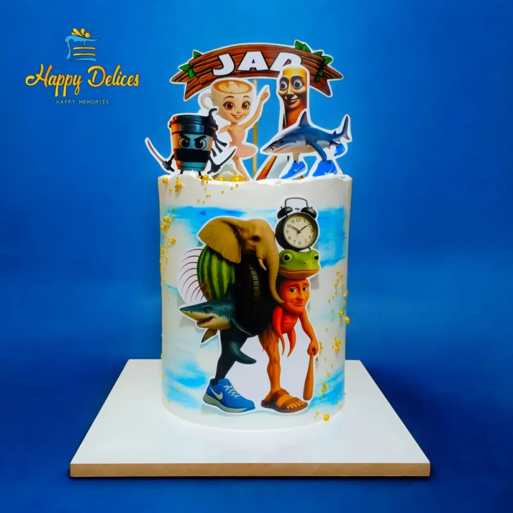 Italian Brainrot themed birthday cake with funny characters by Happy Delices