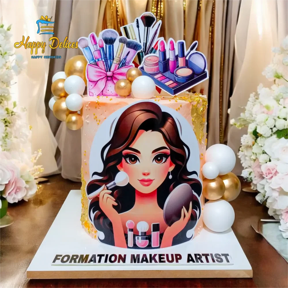 Makeup Artist Celebration Cake | Happy Délices Elegant makeup artist cake with brushes and cosmetics decorations by Happy Délices