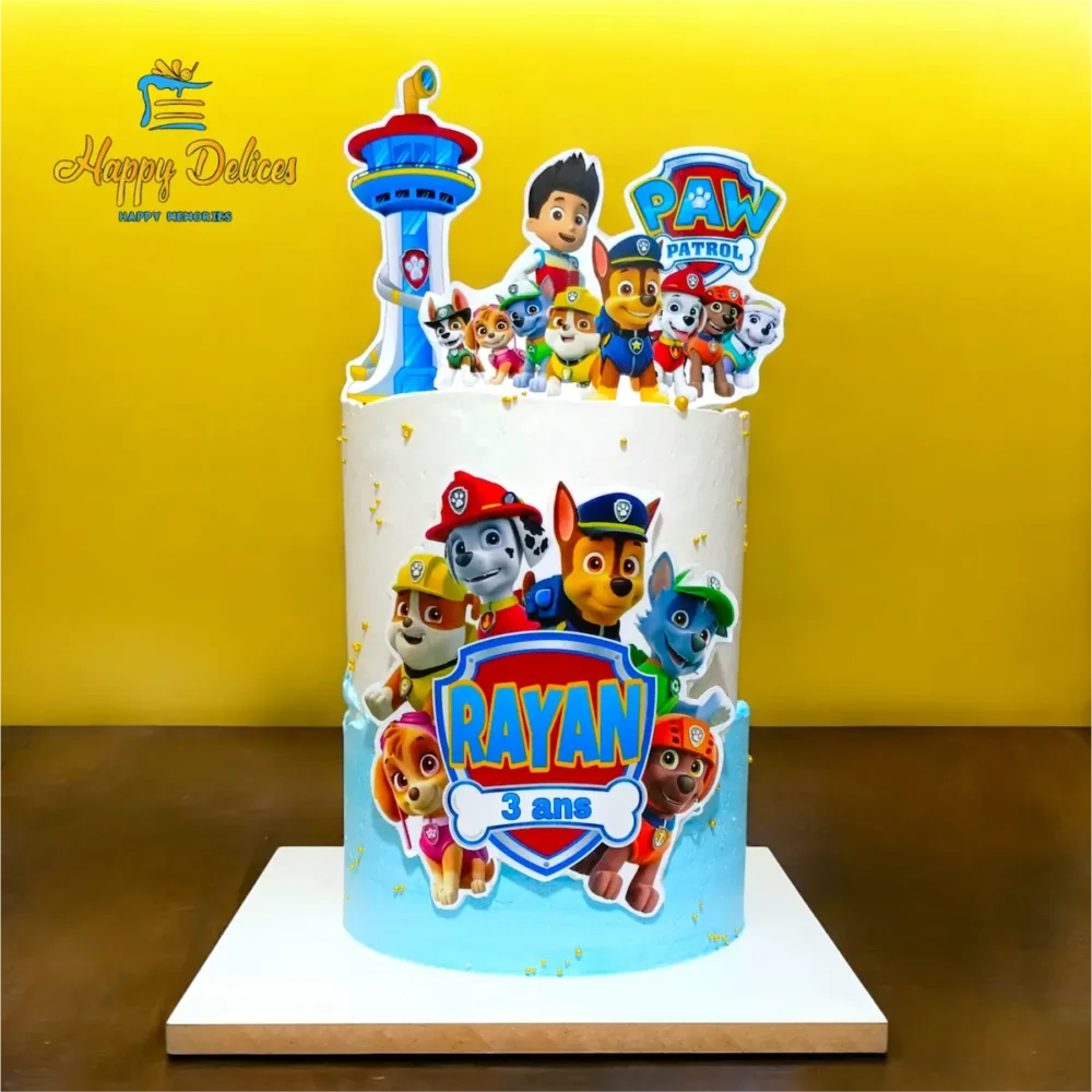Paw Patrol themed birthday cake with characters like Chase, Marshall, and Skye by Happy Delices