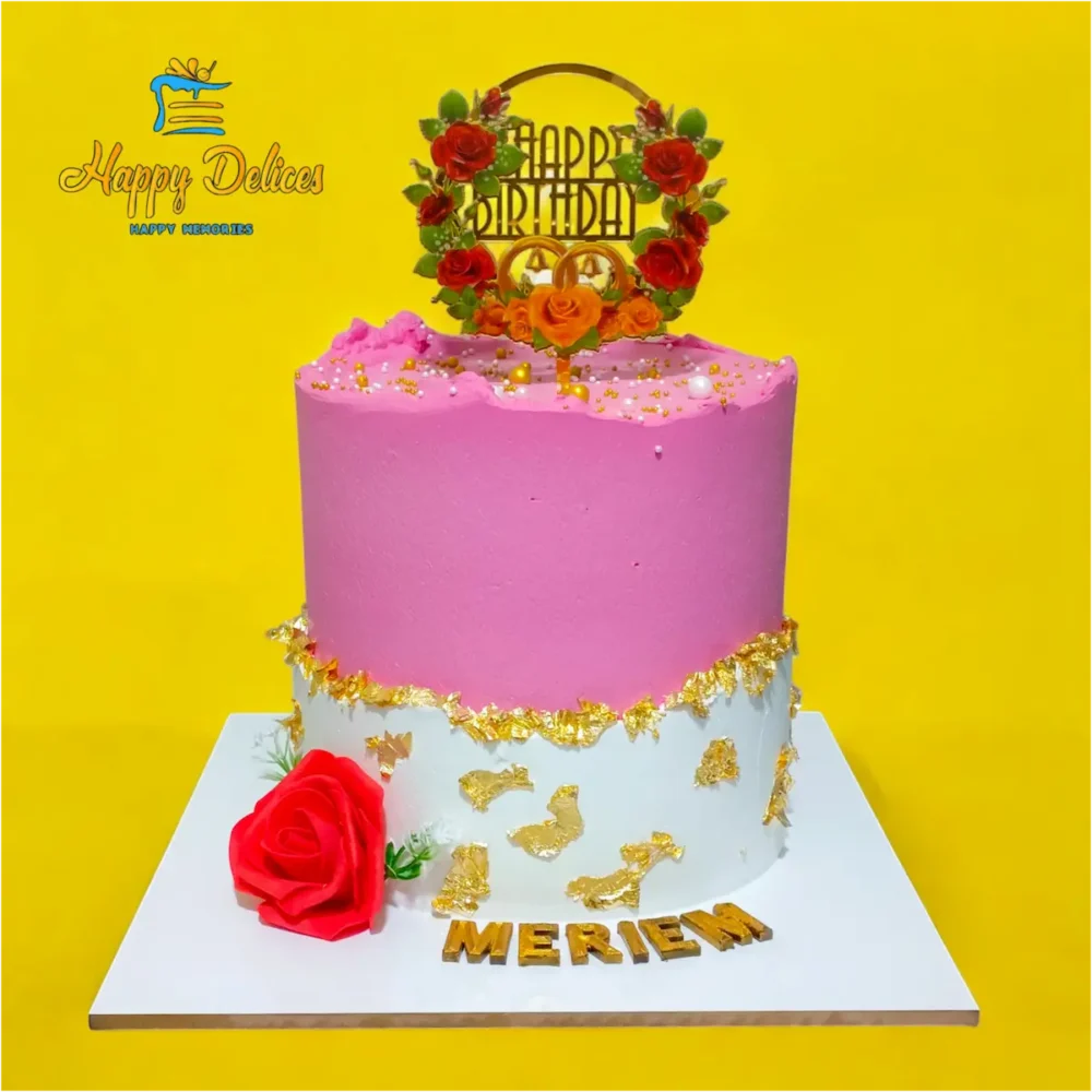 pink-and-white-birthday-cake-with-golden-accents-happy-delices Elegant pink and white birthday cake with golden leaf details and red rose by Happy Délices