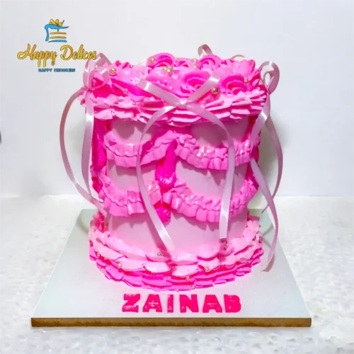 White and pink vintage cake with ribbons and pearls by Happy Delices