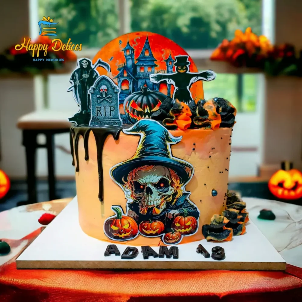 Halloween-themed birthday cake with spooky decorations, orange and black colors, and character illustrations by Happy Delices
