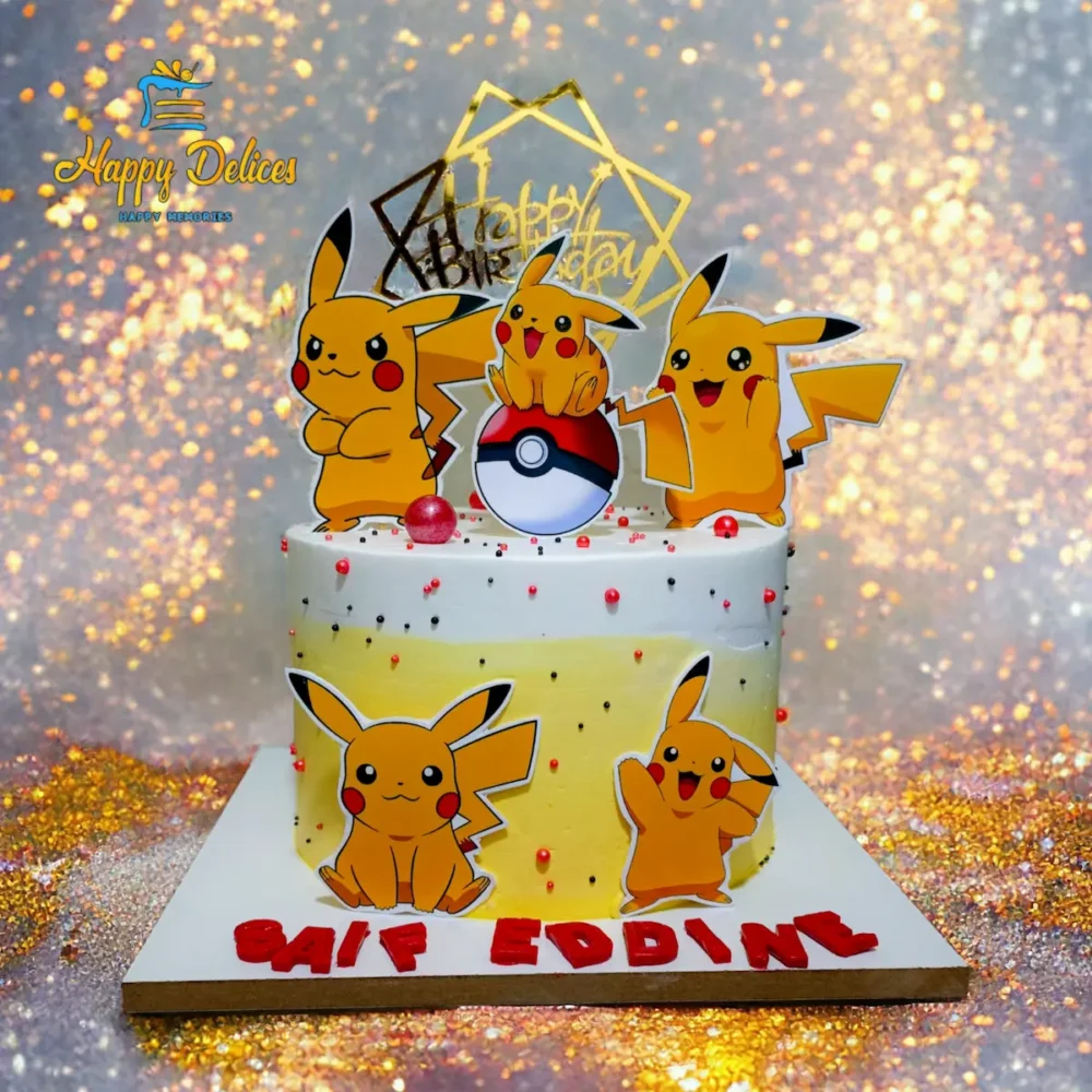 Pikachu-themed Pokémon birthday cake with character cutouts, yellow design, and Happy Birthday topper by Happy Delices