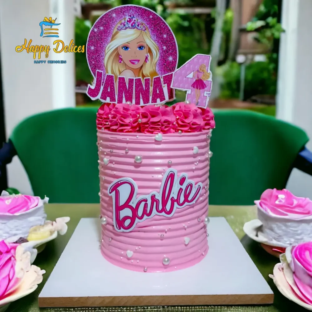 Barbie Themed Pink Birthday Cake | Happy Delices Barbie themed pink birthday cake with elegant details and name topper by Happy Delices