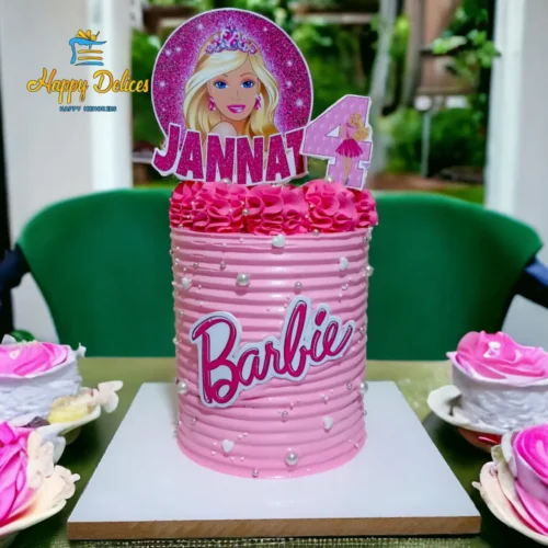 Barbie themed pink birthday cake with elegant details and name topper by Happy Delices