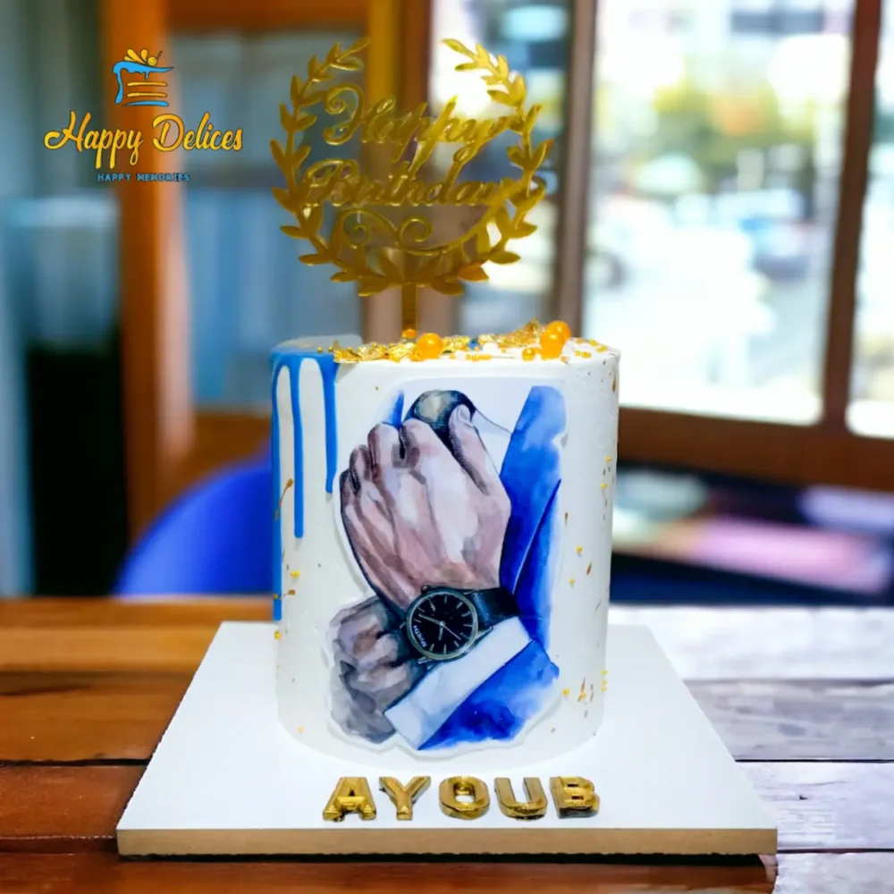 Elegant gentleman themed birthday cake with blue and gold details by Happy Delices