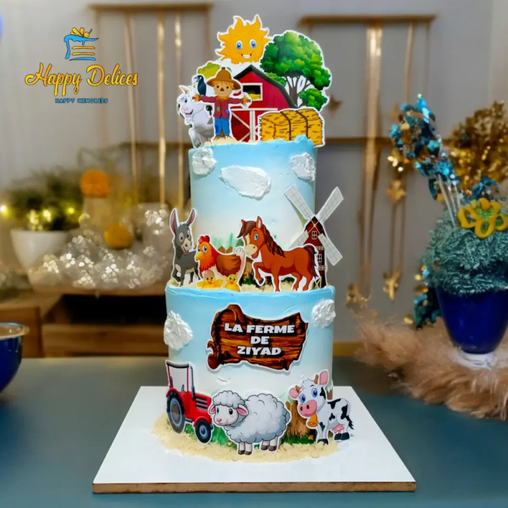 Farm themed two tier birthday cake with animals and countryside elements by Happy Delices