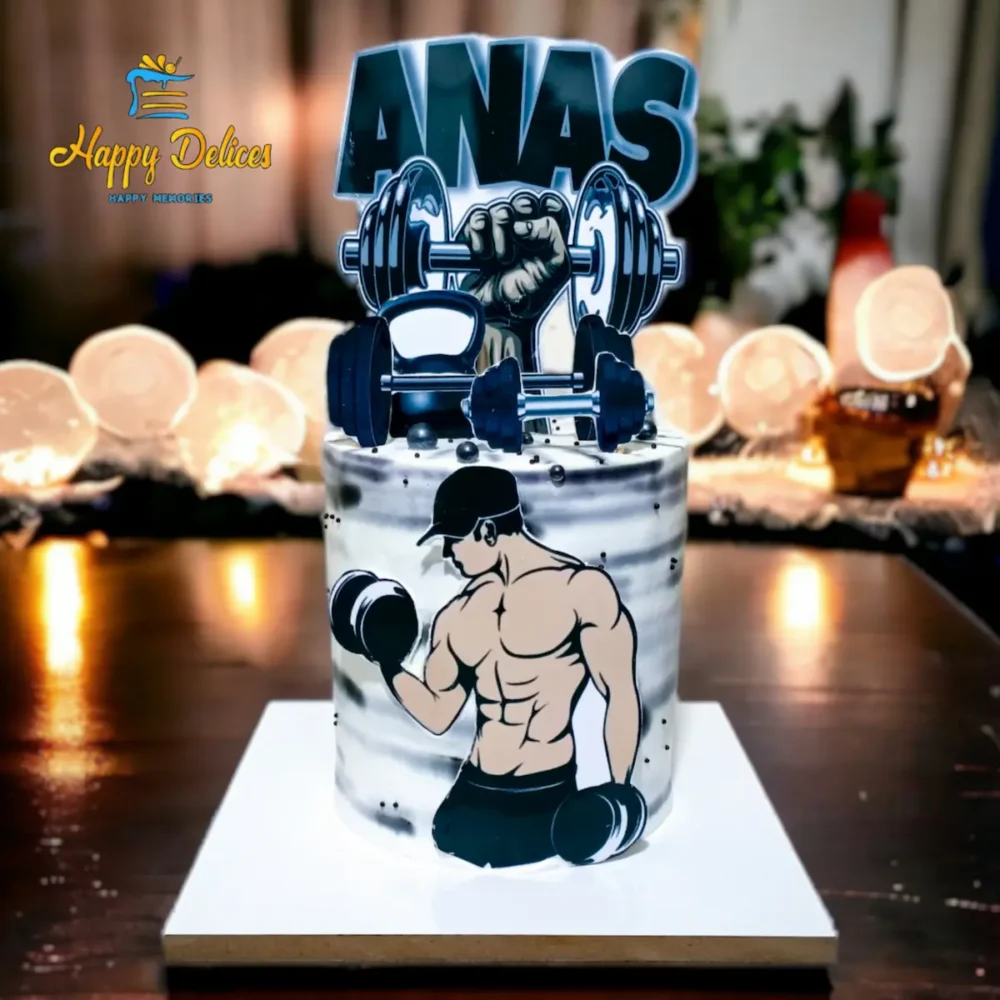 Fitness Themed Birthday Cake | Happy Delices Fitness themed birthday cake with gym weights and muscular illustration by Happy Delices