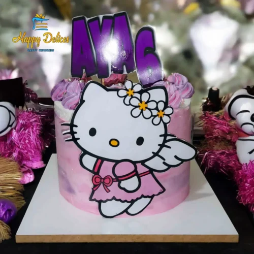 Hello Kitty pink birthday cake with name and age topper by Happy Delices