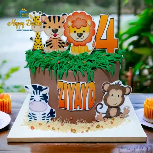 Jungle animals themed birthday cake with lion, tiger, giraffe and personalized name by Happy Delices