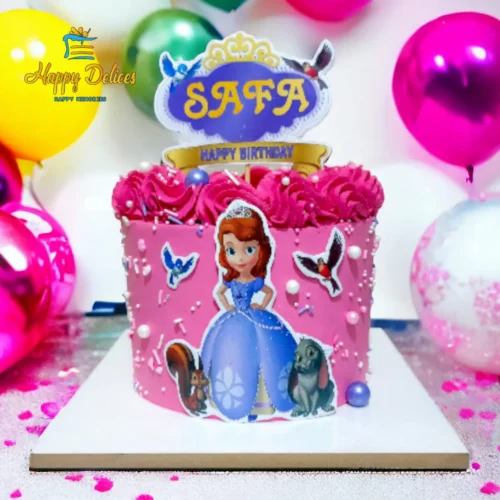 Princess themed pink birthday cake with fairytale character design by Happy Delices