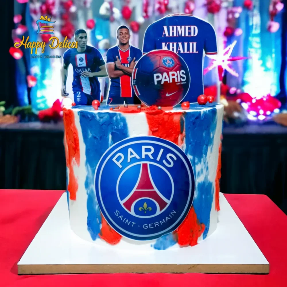 PSG football themed birthday cake in red and blue with player toppers and personalized name by Happy Delices
