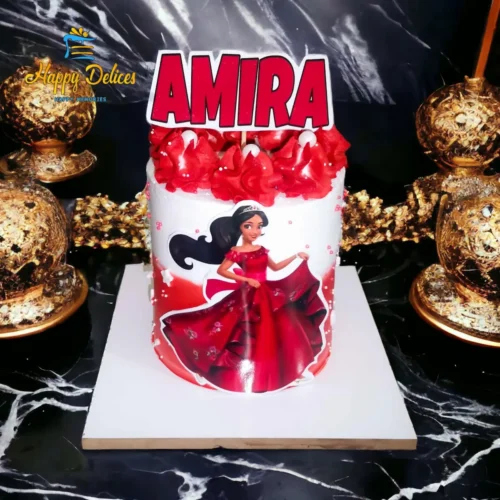 Red princess themed birthday cake with elegant dress illustration by Happy Delices