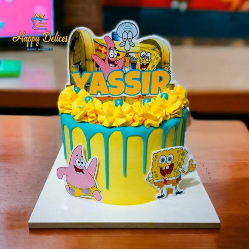 SpongeBob themed birthday cake with bright yellow and blue design and personalized name by Happy Delices
