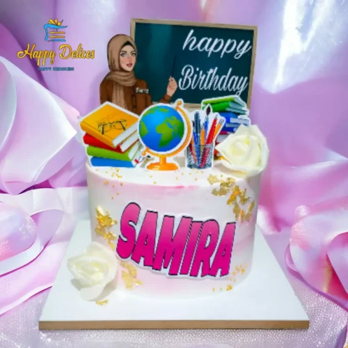 Teacher themed birthday cake with school elements and books by Happy Delices