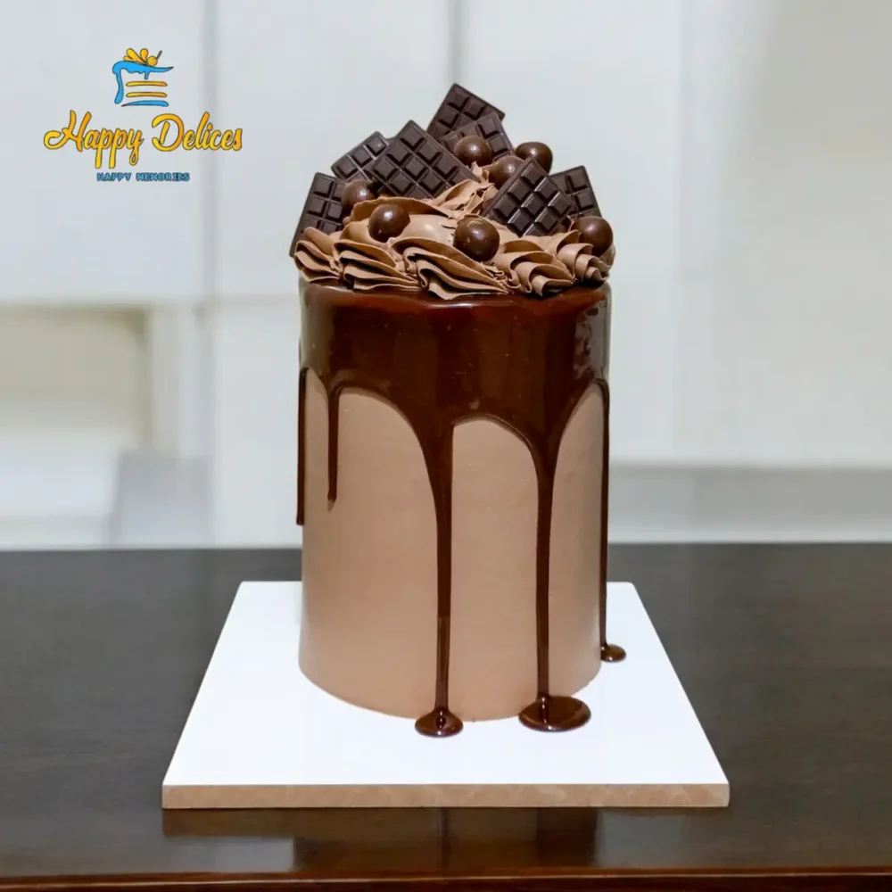 Luxury chocolate drip cake with smooth ganache and chocolate toppings by Happy Delices