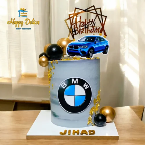 BMW themed birthday cake with luxury car topper and gold details by Happy Delices