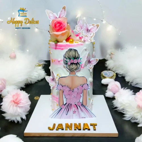 Elegant pink birthday cake with girl illustration, butterflies and flowers by Happy Delices