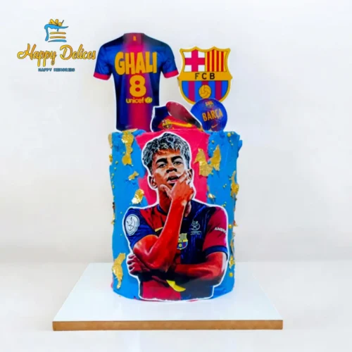 Barcelona football themed birthday cake with player design and custom name by Happy Delices
