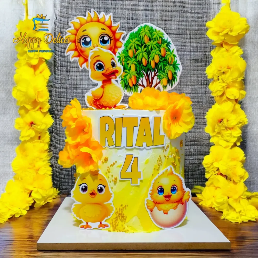 Yellow Kids Birthday Cake with Chick Theme and Custom Name | Happy Delices Yellow kids birthday cake with cute chick characters, sun and flowers by Happy Delices