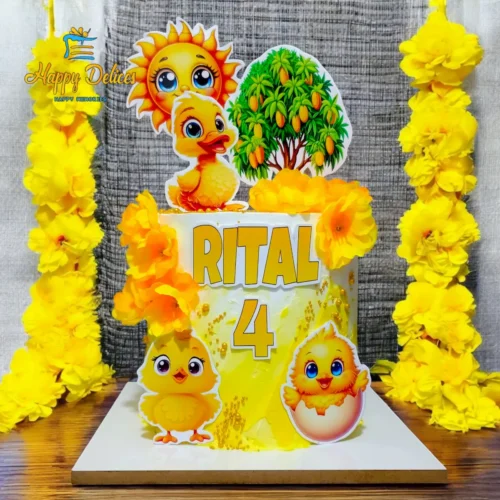 Yellow kids birthday cake with cute chick characters, sun and flowers by Happy Delices