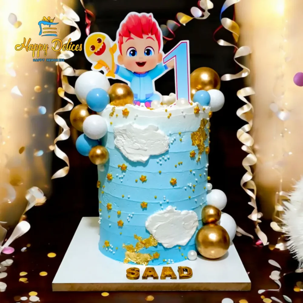 First Birthday Cake for Kids with Blue Theme and Cartoon Design | Happy Delices Blue first birthday cake with cartoon topper, clouds and gold decorations by Happy Delices