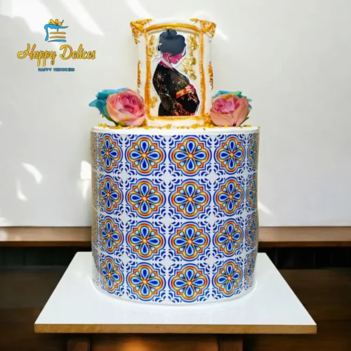 Moroccan zellige pattern cake with colorful tile design and elegant topper by Happy Delices