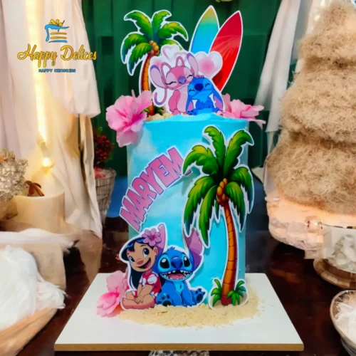 Stitch themed birthday cake with tropical decorations and custom name by Happy Delices