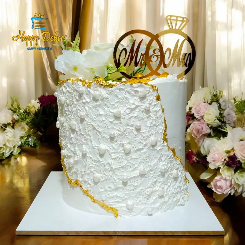 Luxury White Textured Engagement Cake with Gold Details and Mr and Mrs Topper | Happy Delices Luxury textured white engagement cake with gold details and Mr and Mrs topper by Happy Delices