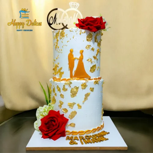 Luxury two tier engagement cake with red roses and gold details by Happy Delices