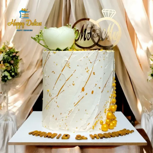 Minimal white and gold engagement cake with Mr and Mrs topper by Happy Delices