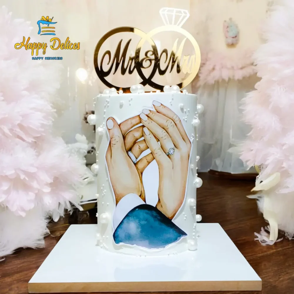 Elegant Engagement Cake with Couple Hands and Mr & Mrs Topper | Happy Delices Elegant engagement cake with couple hands illustration and Mr and Mrs topper by Happy Delices