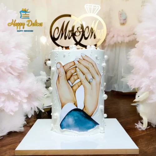 Elegant engagement cake with couple hands illustration and Mr and Mrs topper by Happy Delices