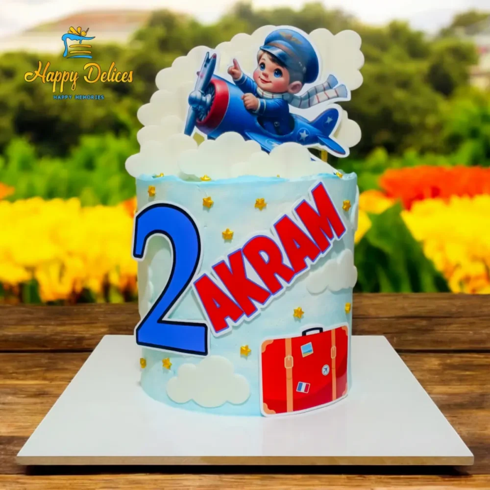 Airplane & Pilot Birthday Cake for Boys | Travel Theme Cake by Happy Delices Airplane themed birthday cake with pilot topper and clouds for Akram's 2nd birthday